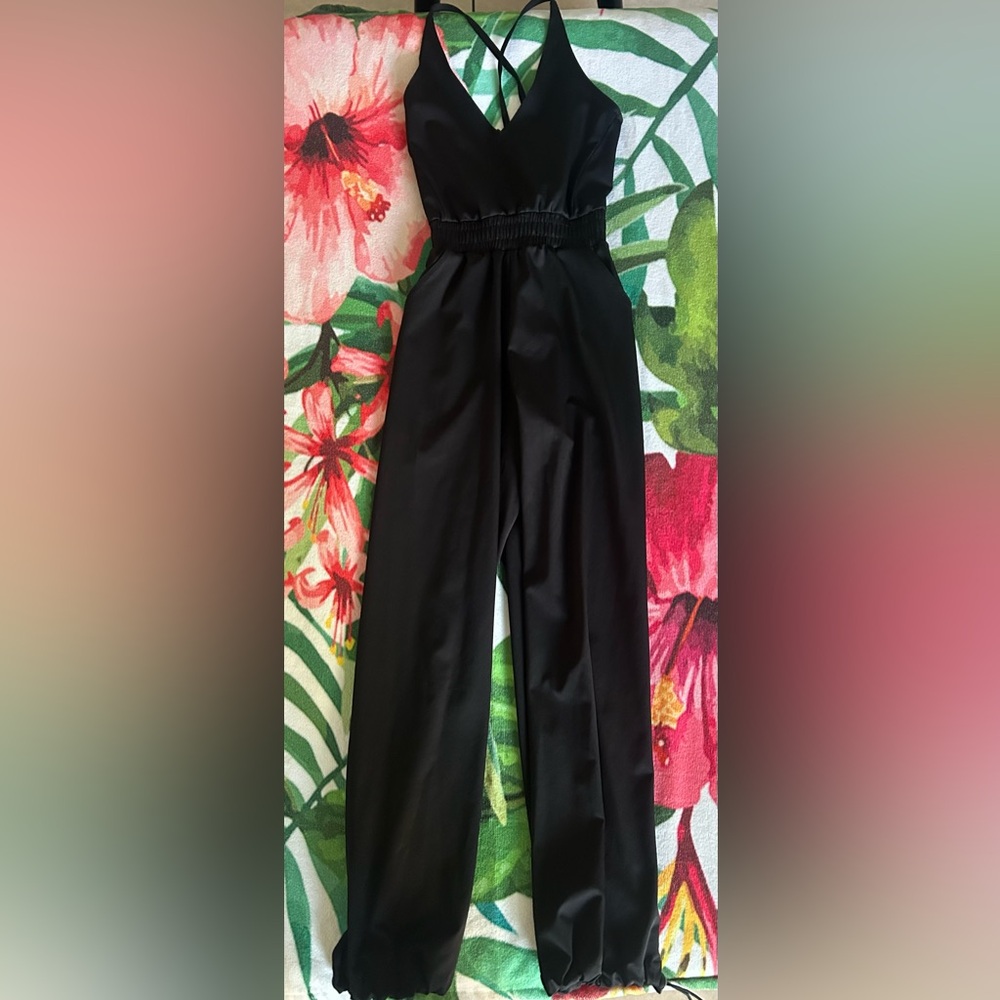 Girls Black One-Piece Jumpsuit with Smocked Waist